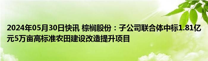 2024年05月30日快讯 棕榈股份：子公司联合体中标1.81亿元5万亩高标准农田建设改造提升项目