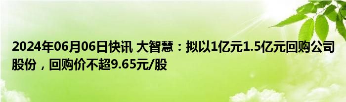 2024年06月06日快讯 大智慧：拟以1亿元1.5亿元回购公司股份，回购价不超9.65元/股