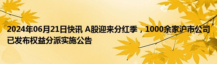 2024年06月21日快讯 A股迎来分红季，1000余家沪市公司已发布权益分派实施公告