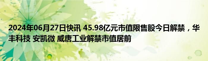 2024年06月27日快讯 45.98亿元市值限售股今日解禁，华丰科技 安凯微 威唐工业解禁市值居前