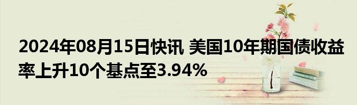 2024年08月15日快讯 美国10年期国债收益率上升10个基点至3.94%