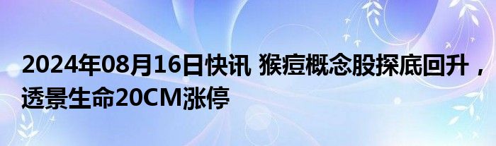 2024年08月16日快讯 猴痘概念股探底回升，透景生命20CM涨停