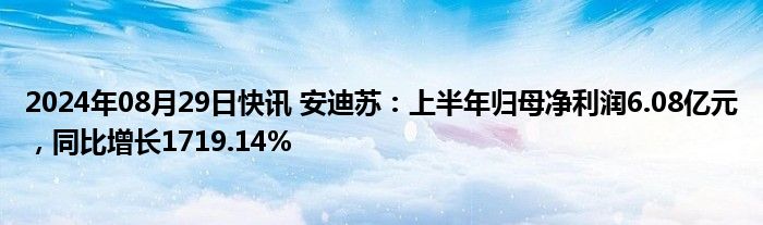 2024年08月29日快讯 安迪苏：上半年归母净利润6.08亿元，同比增长1719.14%