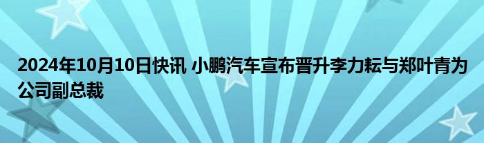 2024年10月10日快讯 小鹏汽车宣布晋升李力耘与郑叶青为公司副总裁